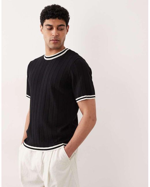 ASOS Black Knitted Ribbed T-shirt With White Tipping for men