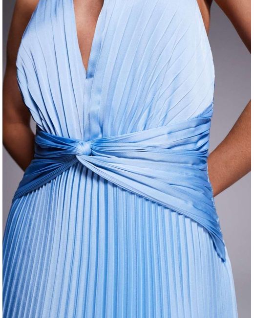Forever New Blue Pleated Satin Halter Maxi Dress