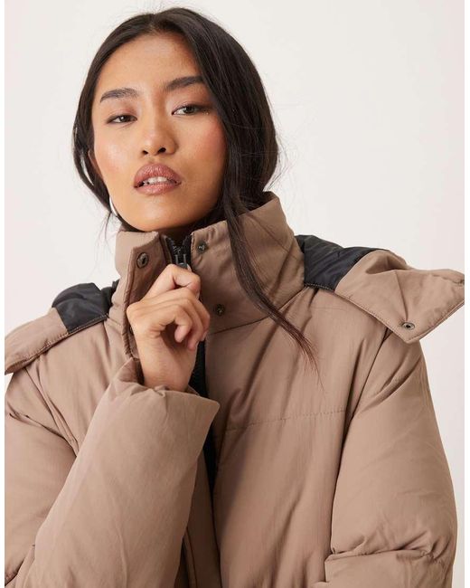 Brave Soul Brown Colourblock Maxi Hooded Puffer Jacket