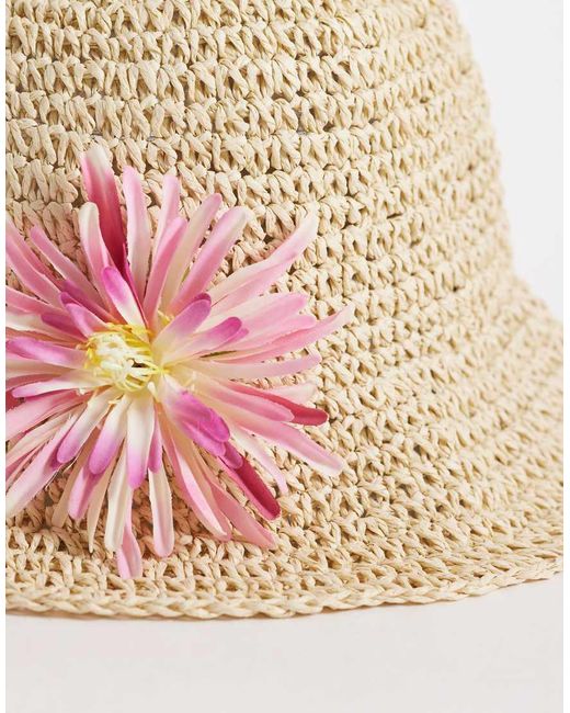 South Beach White Woven Bucket Hat With Floral Detail