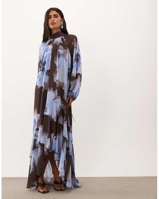TFNC London Blue Chiffon Maxi Dress With Tiered Hem