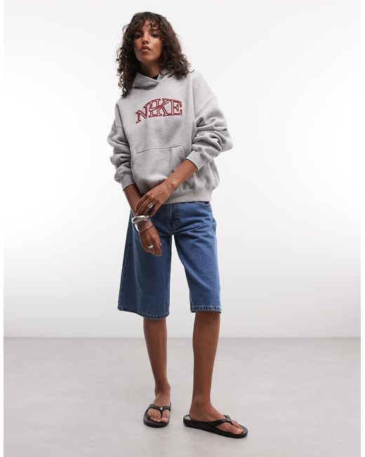 Nike Gray Studio Fleece Mid-weight Varsity Graphic Oversized Hoodie