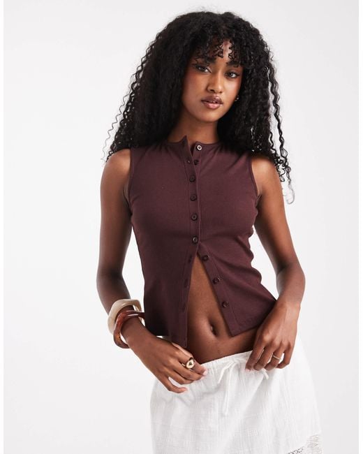Top boutonné en maille côtelée - chocolat Miss Selfridge en coloris Brown