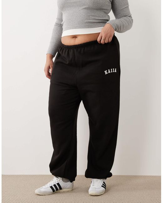 Kaiia Black Plus Cotton Blend Embroidered Logo Cuffed Trackies