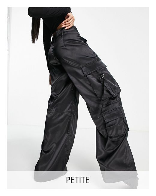 Bershka Black Petite Satin Cargo Pocket Detail Trousers