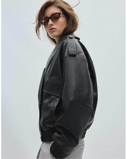 Stradivarius Gray Quilted Leather Effect Boxy Jacket