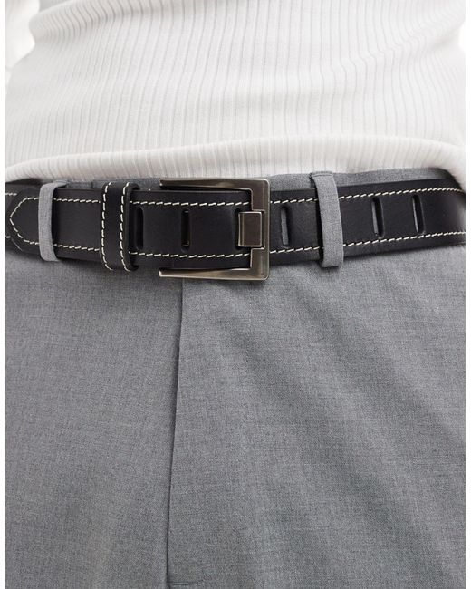 ASOS Gray Leather Belt With Contrast Stitch for men