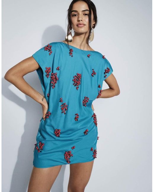 ASOS Blue Open Back Cluster Embellished Mini T-shirt Dress