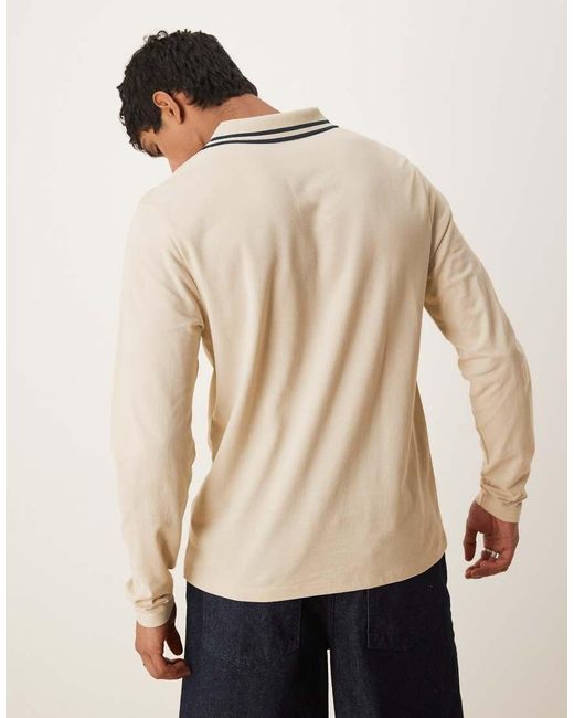 ASOS Natural Essentials Regular Fit Long Sleeve Polo With Navy Tipping for men