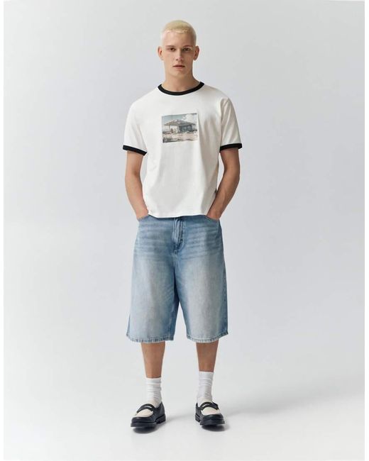 Pull&Bear White Short Sleeve T-shirt With Graphic Detail for men