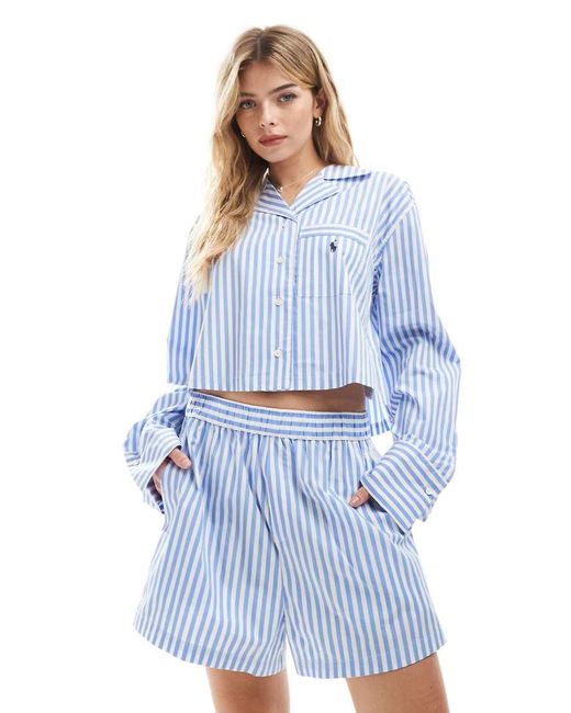 Polo Ralph Lauren Blue Striped Crop Shirt And Boxer Pyjama Set