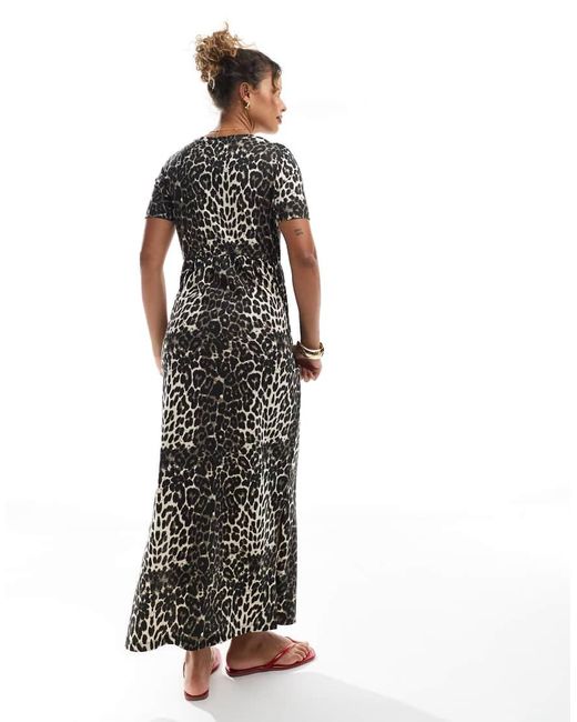 Threadbare Midi Jurk Van Jersey Met Korte Mouwen, Verlaagde Taille En Luipaardmotief in het White