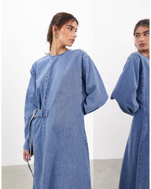 ASOS Blue Denim Long Sleeve Maxi Dress With D Ring