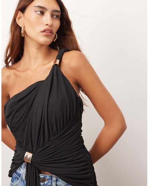 ARRANGE Black One Shoulder Drape Top With Metal Trim Detail