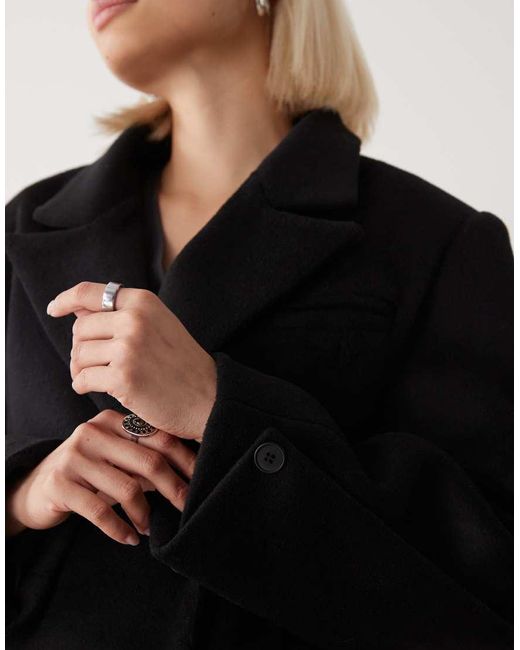 Lioness Black Heart Shaped Wool Touch Double Breasted Cinched Waist Barrel Sleeve Coat