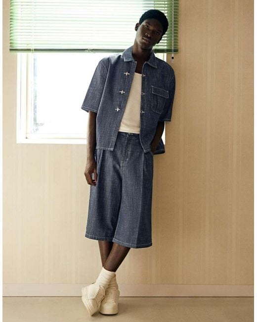 Bershka Blue Denim Short Sleeve Shirt With Clasps for men