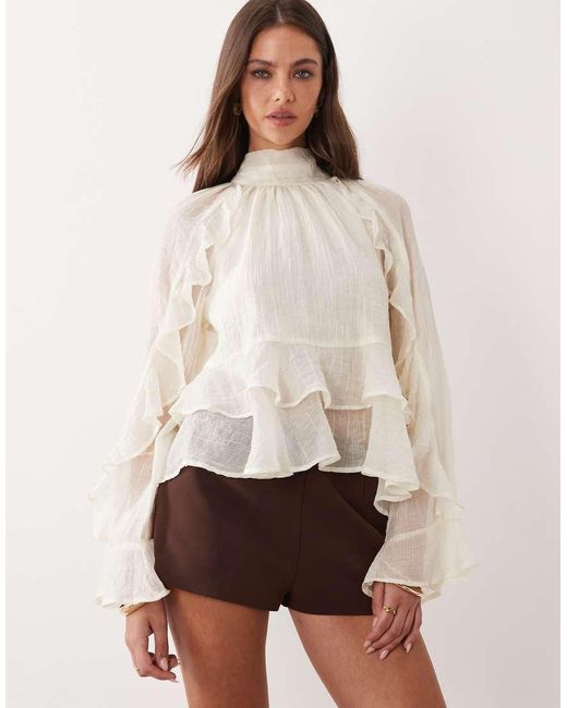 Gina Tricot Natural High Neck Long Sleeve Ruffle Blouse