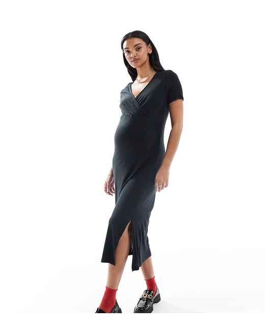Mama.licious Blue Mamalicious Maternity Short Sleeved Ribbed Jersey Maxi Dress