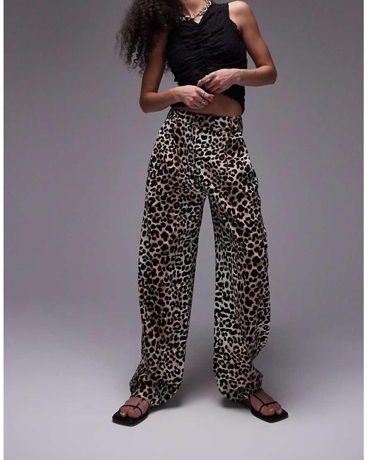 TOPSHOP Black Leopard Print Linen Pleated Wide Leg Trouser