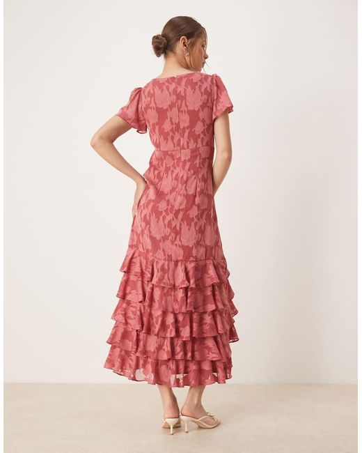 ANAYA Red V Neck Short Sleeve Ruffle Midaxi Dress