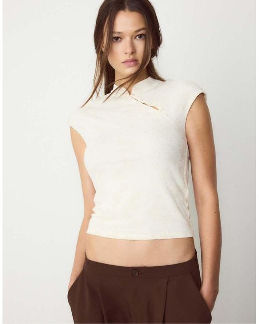 Stradivarius White Qipao Inspired T-Shirt With Mandarin Collar