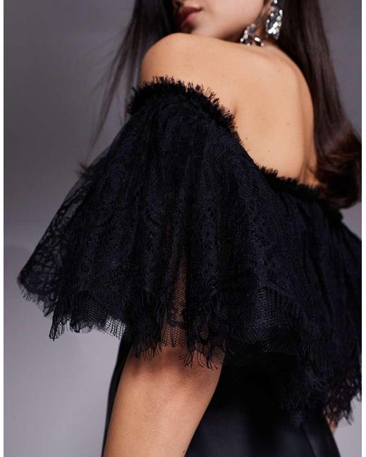 The Dolls House Black Kelsey Leather Look Lace Overlay Off The Shoulder Mini Dress