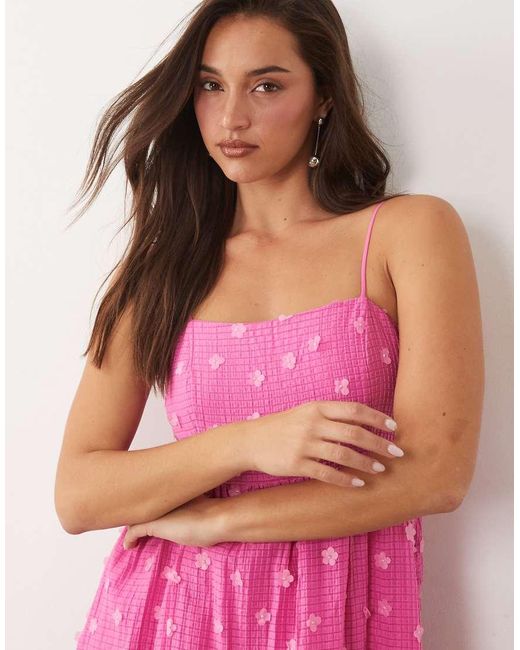 Vila Pink 3d Floral Applique Textured Cami Maxi Dress