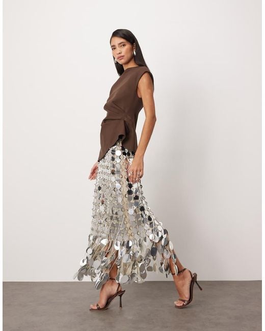 ARRANGE Natural Futurist Sequin Fringe Hem Midi Skirt