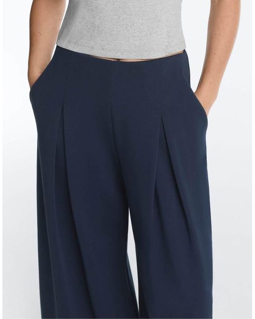 Oysho Blue Wide-Leg Pique Trousers With Cotton