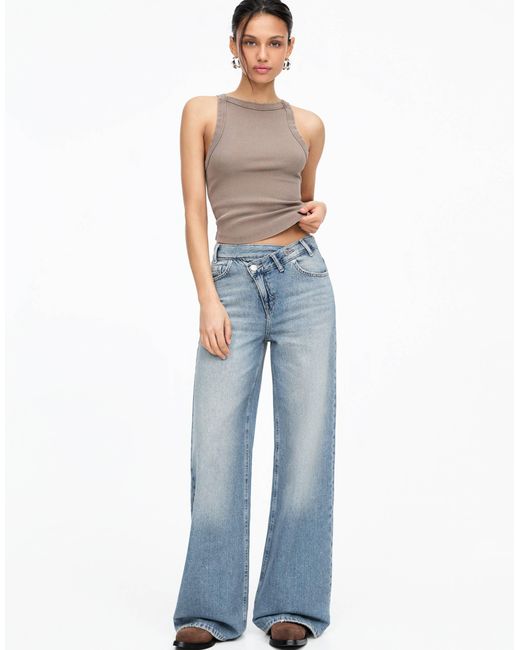 Pull&Bear Blue Crossover Waist Mid Rise Wide Leg Jean