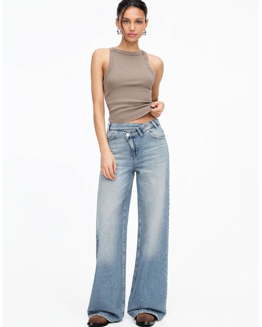 Pull&Bear Blue Crossover Waist Mid Rise Wide Leg Jean