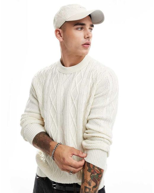 River Island White Chunky Cable Knit Jumper for men