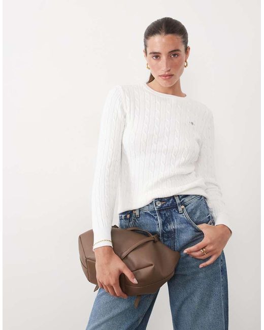 Gant White Stretch Cotton Cable Knit Jumper