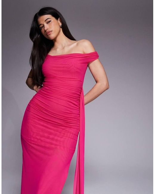 Bardot Pink Layana Mesh Twisted One Shoulder Ruched Midaxi Dress