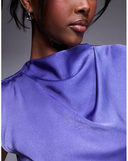 ASOS Purple Satin High Neck Pleated Bodice Midi Dress