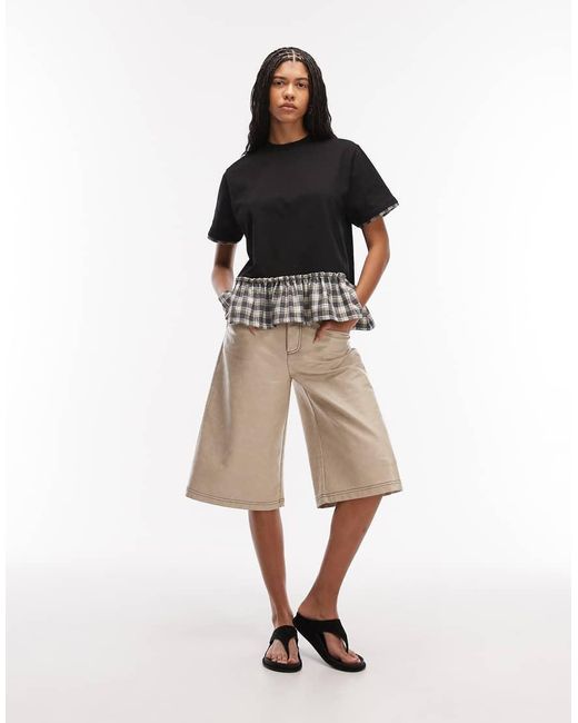 ASOS Black Double Layer Contrast Gingham Hem Peplum Top