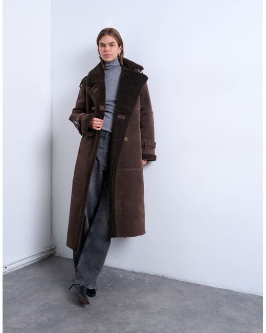 TOPSHOP White Longline Aviator Jacket With Faux Shearling