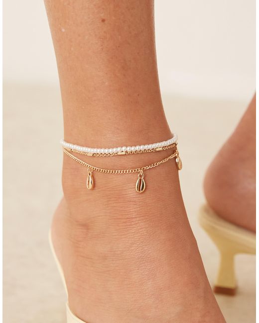 ASOS Natural Pack Of 3 Anklets With Faux Pearl And Shell Charm Design