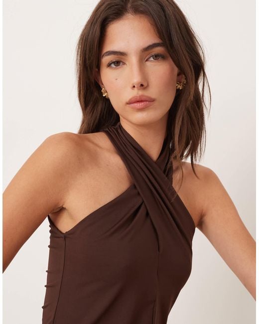 ASOS Brown Co-ord Slinky Wrap Halter Top With Ruched Waist Detail