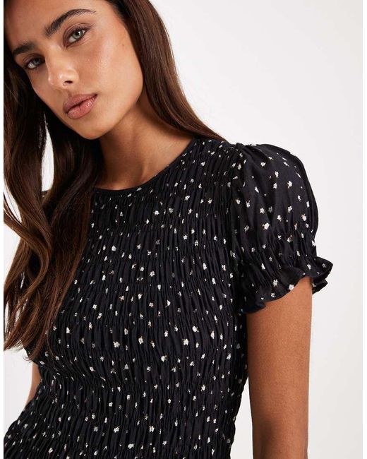 Daisy Street Black Shirred Mini Dress With Puff Ruffle Sleeves