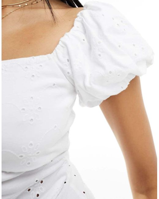 ASOS White Broderie Button Corset Mini Dress With Puff Cap Sleeve