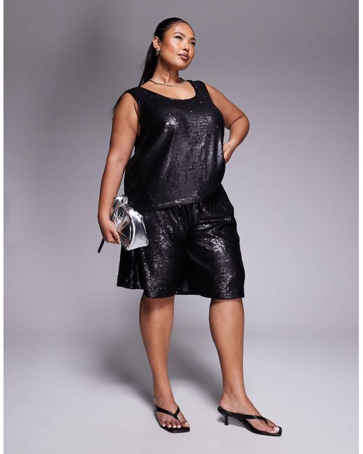 Curve - top d'ensemble ajusté sans manches à sequins - noir ASOS en coloris Black