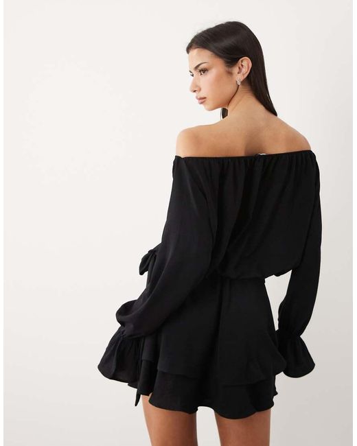 Gina Tricot Black Off The Shoulder Long Sleeve Frill Mini Dress