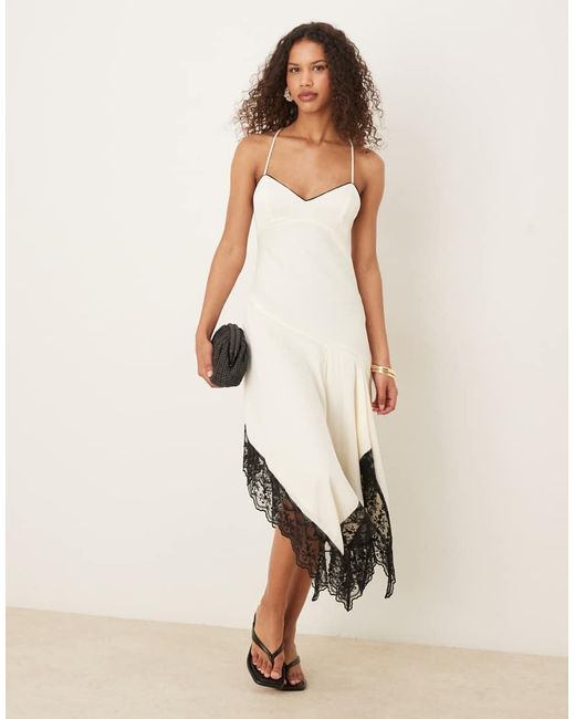 ASOS Cami Cream Slip Dress With Black Contrast Lace And Hanky Hem in ...