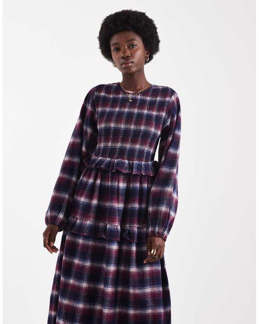 Native Youth Blue Brushed Plaid Midaxi Dress