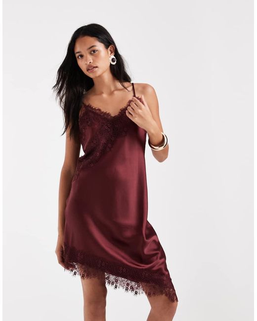 ONLY Red Asymmetric Lace Trim Satin Mini Dress