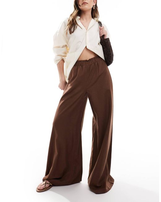 Stradivarius Brown Crinkle Pull On Wide Leg Pants