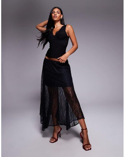 Fashionkilla Black Double Sculpted Slinky Lace Trim V Neck Tank Top