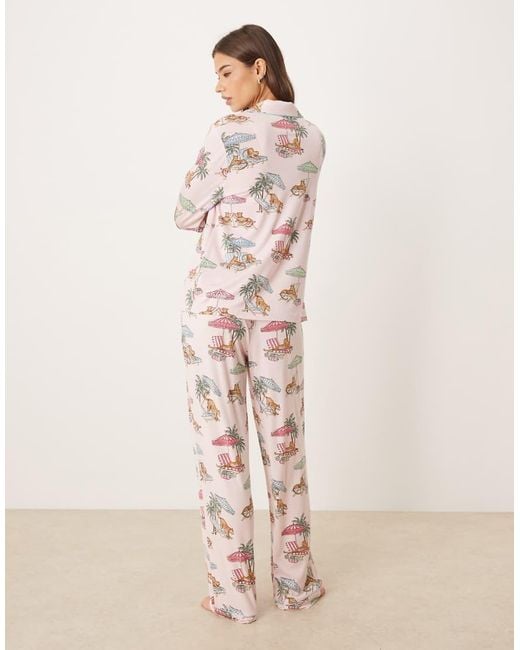 Chelsea Peers Natural Leopard Summer Print Jersey Revere Pyjama Set