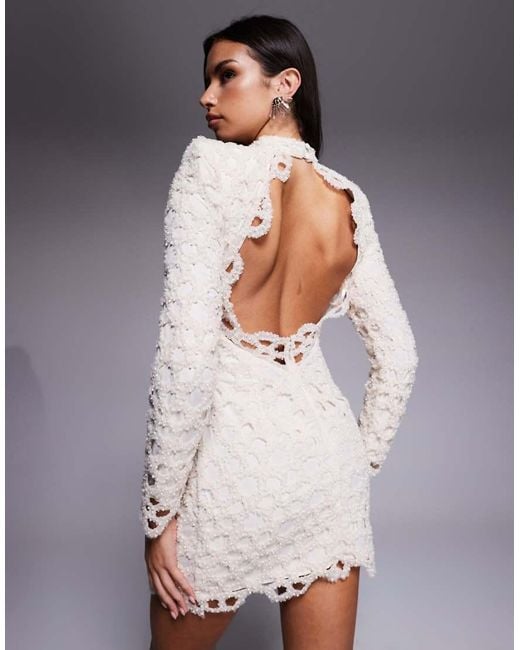 ASOS Gray Pearl Embellished Laser Cut High Neck Mini Dress